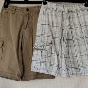 Two pairs of Boys Shorts Size 12, White Plaid Uproar and Tan Urban Pipeline